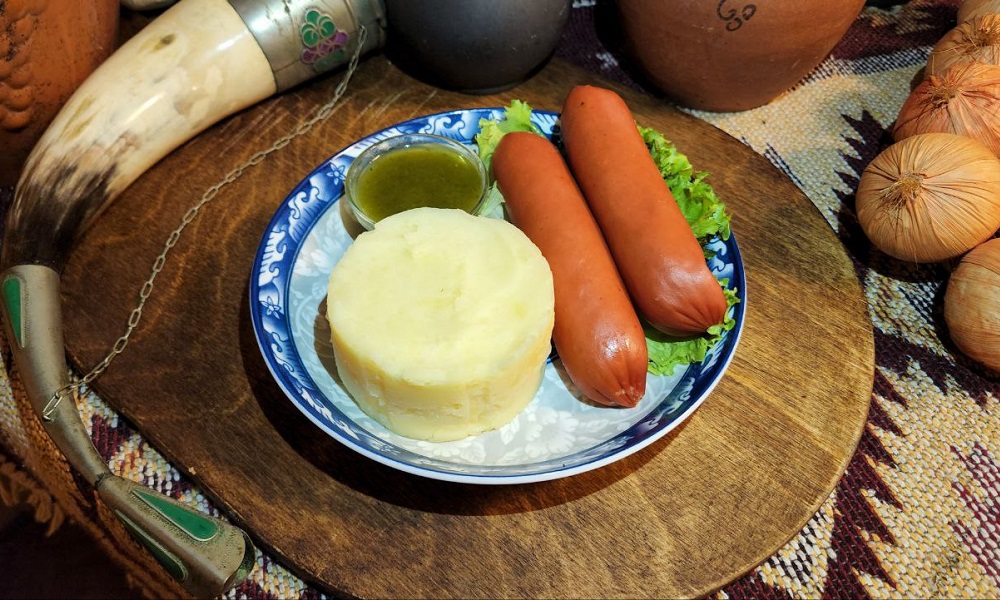 Sardels With Puree Garnish - Georgian dish at Tbilisuri Ezo restaurant in Tbilisi }}